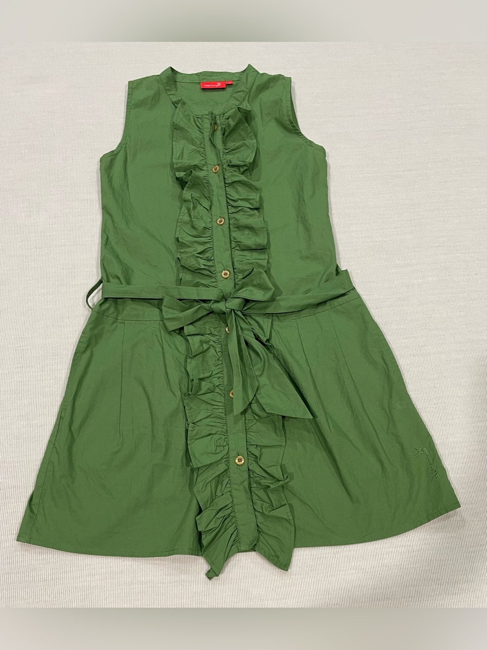 Adolfo Dominguez Olive Green Ruffle Sleeveless Cotton Shirt Dress Girls Size 10